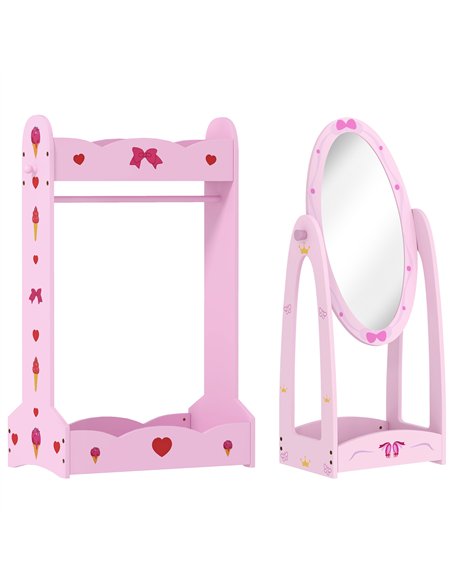 AIYAPLAY Kids Clothes Rail, Kids Dressing Mirror with 360° Rotating, 2 Piece Kids Furniture Set with Storage Shelves, Pink - pic 176046 | FastDaddyshop