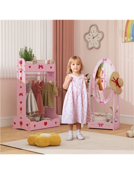 AIYAPLAY Kids Clothes Rail, Kids Dressing Mirror with 360° Rotating, 2 Piece Kids Furniture Set with Storage Shelves, Pink - pic 176047 | FastDaddyshop