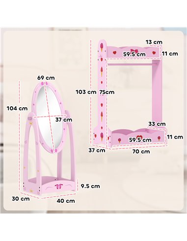 AIYAPLAY Kids Clothes Rail, Kids Dressing Mirror with 360° Rotating, 2 Piece Kids Furniture Set with Storage Shelves, Pink