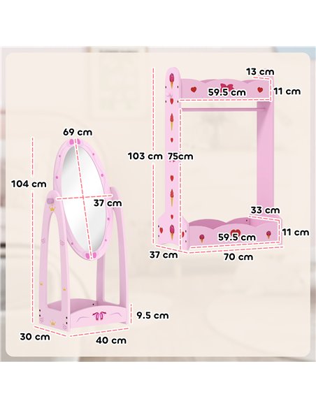 AIYAPLAY Kids Clothes Rail, Kids Dressing Mirror with 360° Rotating, 2 Piece Kids Furniture Set with Storage Shelves, Pink - pic 176048 | FastDaddyshop