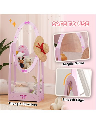 AIYAPLAY Kids Clothes Rail, Kids Dressing Mirror with 360° Rotating, 2 Piece Kids Furniture Set with Storage Shelves, Pink