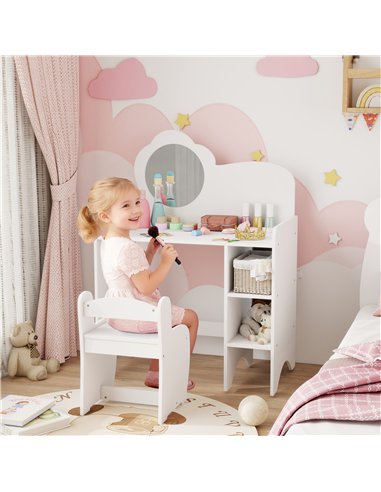 AIYAPLAY Kids Dressing Table with Mirror, Stool, Kids Vanity Table with Shelves, for Ages 3-8 Years, White