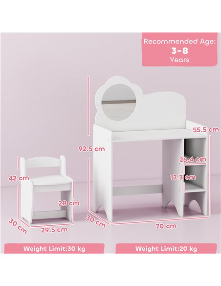 AIYAPLAY Kids Dressing Table with Mirror, Stool, Kids Vanity Table with Shelves, for Ages 3-8 Years, White - pic 176066 | FastDaddyshop