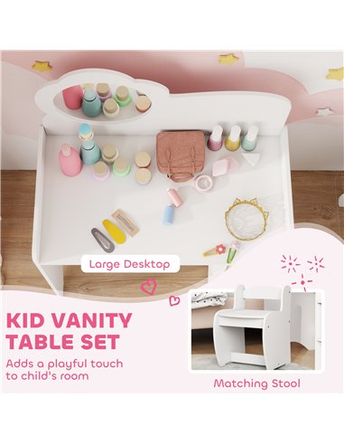 AIYAPLAY Kids Dressing Table with Mirror, Stool, Kids Vanity Table with Shelves, for Ages 3-8 Years, White