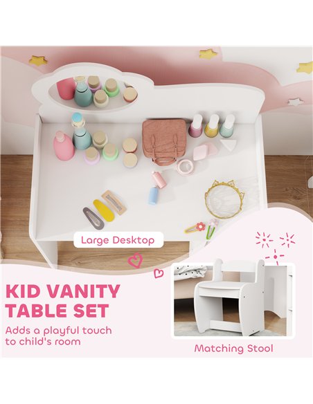 AIYAPLAY Kids Dressing Table with Mirror, Stool, Kids Vanity Table with Shelves, for Ages 3-8 Years, White - pic 176067 | FastDaddyshop