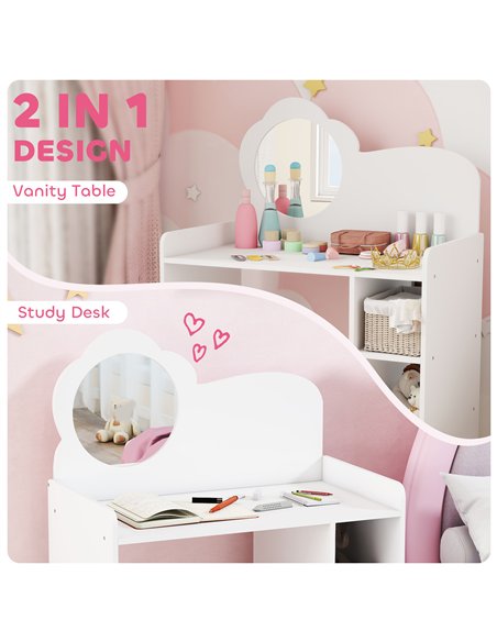 AIYAPLAY Kids Dressing Table with Mirror, Stool, Kids Vanity Table with Shelves, for Ages 3-8 Years, White - pic 176068 | FastDaddyshop