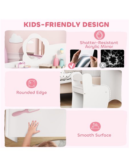 AIYAPLAY Kids Dressing Table with Mirror, Stool, Kids Vanity Table with Shelves, for Ages 3-8 Years, White - pic 176070 | FastDaddyshop