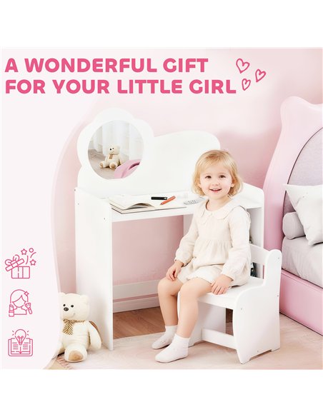 AIYAPLAY Kids Dressing Table with Mirror, Stool, Kids Vanity Table with Shelves, for Ages 3-8 Years, White - pic 176071 | FastDaddyshop