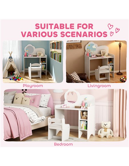 AIYAPLAY Kids Dressing Table with Mirror, Stool, Kids Vanity Table with Shelves, for Ages 3-8 Years, White - pic 176072 | FastDaddyshop
