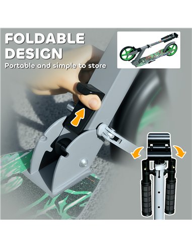 AIYAPLAY Foldable Kids Scooter with Adjustable Handlebar, 200mm Big Wheel, Rear Fender Brake, for Ages 6-12 Years, Green