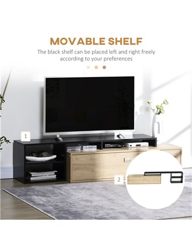 Homcom 1630mm TV Stand with Storage Shelves and Cupboard, Black & Natural