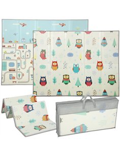 AIYAPLAY Foldable Baby Plat Mat Double Sided, Kids Floor Mat for Crawling, 200L x 150W cm, Car track and Owl Theme