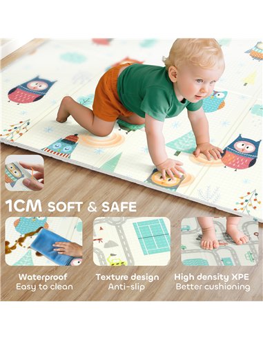 AIYAPLAY Foldable Baby Plat Mat Double Sided, Kids Floor Mat for Crawling, 200L x 150W cm, Car track and Owl Theme