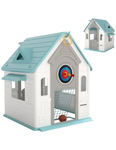 AIYAPLAY 5-in-1 Playhouse for Kids Outdoor Indoor with Basketball Hoop, Football Goal, Dartboard, Ring Toss for 2-5 Years, Beige - pic 176181 | FastDaddyshop