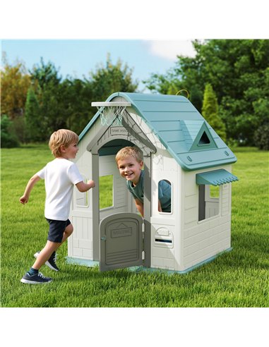 AIYAPLAY 5-in-1 Playhouse for Kids Outdoor Indoor with Basketball Hoop, Football Goal, Dartboard, Ring Toss for 2-5 Years, Beige