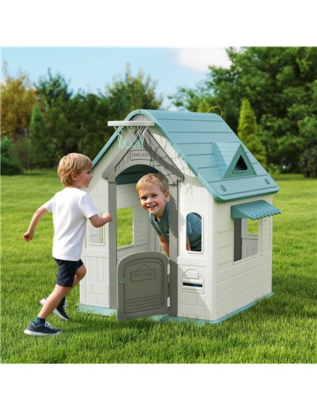 AIYAPLAY 5-in-1 Playhouse for Kids Outdoor Indoor with Basketball Hoop, Football Goal, Dartboard, Ring Toss for 2-5 Years, Beige - pic 176182 | FastDaddyshop