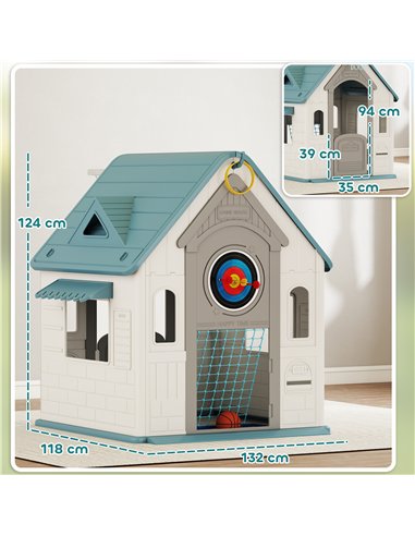 AIYAPLAY 5-in-1 Playhouse for Kids Outdoor Indoor with Basketball Hoop, Football Goal, Dartboard, Ring Toss for 2-5 Years, Beige
