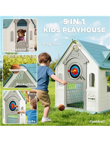 AIYAPLAY 5-in-1 Playhouse for Kids Outdoor Indoor with Basketball Hoop, Football Goal, Dartboard, Ring Toss for 2-5 Years, Beige