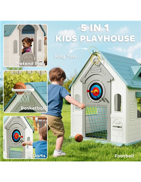 AIYAPLAY 5-in-1 Playhouse for Kids Outdoor Indoor with Basketball Hoop, Football Goal, Dartboard, Ring Toss for 2-5 Years, Beige - pic 176184 | FastDaddyshop