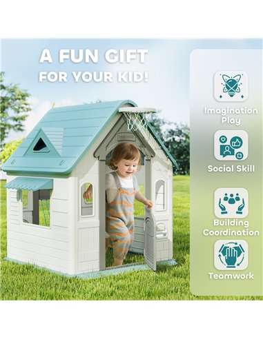 AIYAPLAY 5-in-1 Playhouse for Kids Outdoor Indoor with Basketball Hoop, Football Goal, Dartboard, Ring Toss for 2-5 Years, Beige