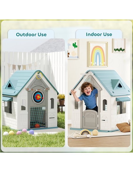 AIYAPLAY 5-in-1 Playhouse for Kids Outdoor Indoor with Basketball Hoop, Football Goal, Dartboard, Ring Toss for 2-5 Years, Beige - pic 176187 | FastDaddyshop