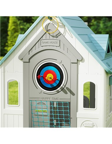AIYAPLAY 5-in-1 Playhouse for Kids Outdoor Indoor with Basketball Hoop, Football Goal, Dartboard, Ring Toss for 2-5 Years, Beige