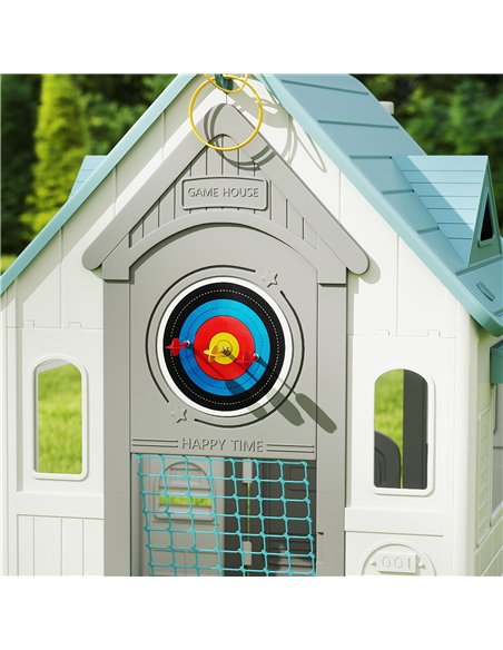 AIYAPLAY 5-in-1 Playhouse for Kids Outdoor Indoor with Basketball Hoop, Football Goal, Dartboard, Ring Toss for 2-5 Years, Beige - pic 176188 | FastDaddyshop