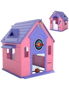 AIYAPLAY 5-in-1 Playhouse for Kids Outdoor Indoor with Basketball Hoop, Football Goal, Dartboard, Ring Toss for 2-5 Years, Pink