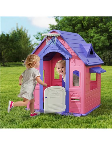 AIYAPLAY 5-in-1 Playhouse for Kids Outdoor Indoor with Basketball Hoop, Football Goal, Dartboard, Ring Toss for 2-5 Years, Pink