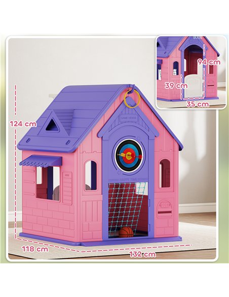 AIYAPLAY 5-in-1 Playhouse for Kids Outdoor Indoor with Basketball Hoop, Football Goal, Dartboard, Ring Toss for 2-5 Years, Pink - pic 176192 | FastDaddyshop