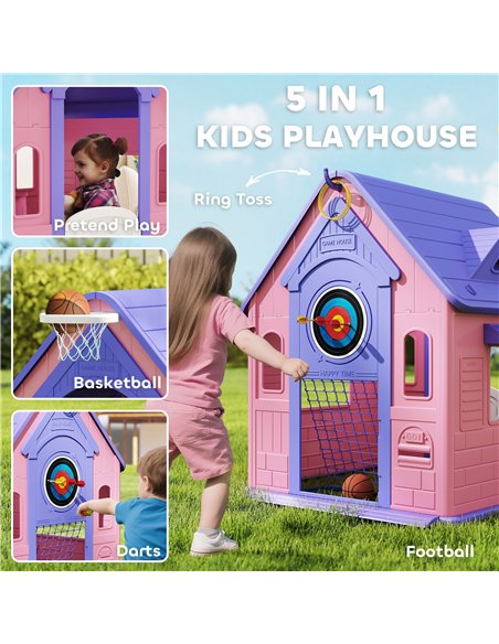 AIYAPLAY 5-in-1 Playhouse for Kids Outdoor Indoor with Basketball Hoop, Football Goal, Dartboard, Ring Toss for 2-5 Years, Pink - pic 176193 | FastDaddyshop