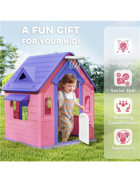 AIYAPLAY 5-in-1 Playhouse for Kids Outdoor Indoor with Basketball Hoop, Football Goal, Dartboard, Ring Toss for 2-5 Years, Pink - pic 176194 | FastDaddyshop