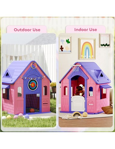 AIYAPLAY 5-in-1 Playhouse for Kids Outdoor Indoor with Basketball Hoop, Football Goal, Dartboard, Ring Toss for 2-5 Years, Pink