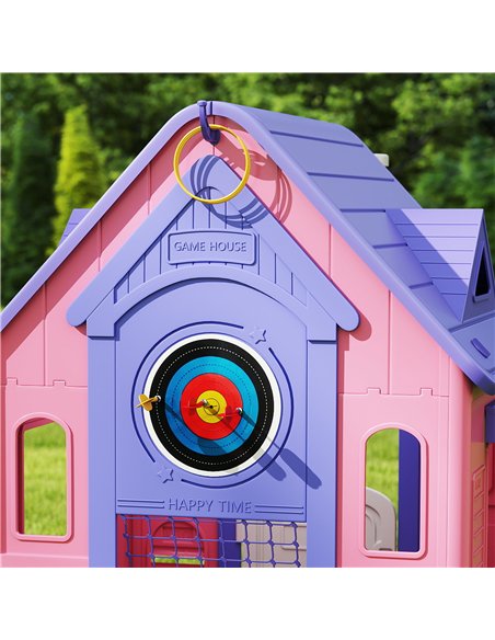 AIYAPLAY 5-in-1 Playhouse for Kids Outdoor Indoor with Basketball Hoop, Football Goal, Dartboard, Ring Toss for 2-5 Years, Pink - pic 176197 | FastDaddyshop