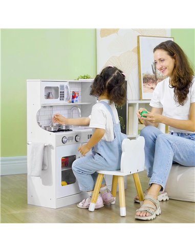 AIYAPLAY Pretend Play Kitchen, Kids Kitchen Playset, with Toy Phone, Chalkboard, Microwave, Cooking Stove, Sink, White