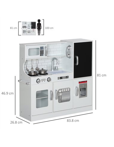 AIYAPLAY Pretend Play Kitchen, Kids Kitchen Playset, with Toy Phone, Chalkboard, Microwave, Cooking Stove, Sink, White