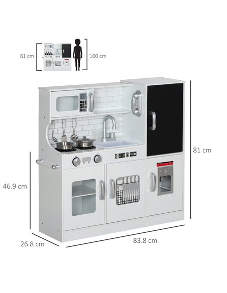 AIYAPLAY Pretend Play Kitchen, Kids Kitchen Playset, with Toy Phone, Chalkboard, Microwave, Cooking Stove, Sink, White - pic 176201 | FastDaddyshop