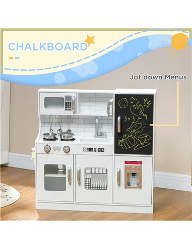 AIYAPLAY Pretend Play Kitchen, Kids Kitchen Playset, with Toy Phone, Chalkboard, Microwave, Cooking Stove, Sink, White