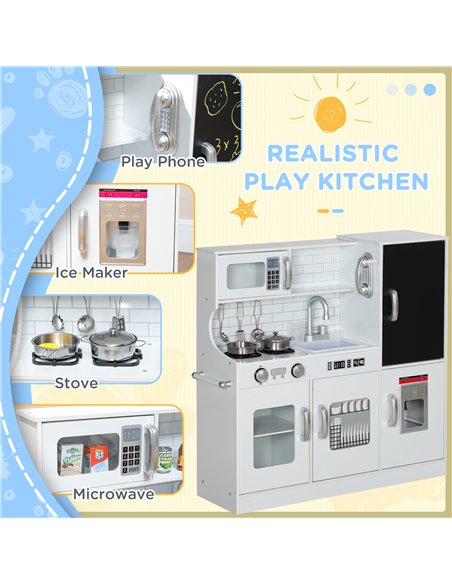 AIYAPLAY Pretend Play Kitchen, Kids Kitchen Playset, with Toy Phone, Chalkboard, Microwave, Cooking Stove, Sink, White - pic 176203 | FastDaddyshop