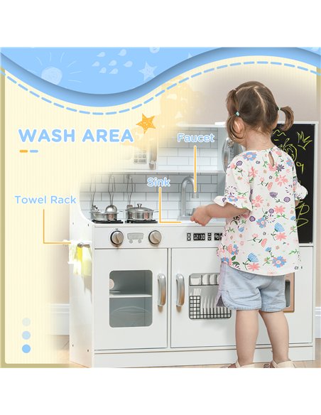 AIYAPLAY Pretend Play Kitchen, Kids Kitchen Playset, with Toy Phone, Chalkboard, Microwave, Cooking Stove, Sink, White - pic 176204 | FastDaddyshop