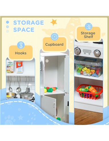 AIYAPLAY Pretend Play Kitchen, Kids Kitchen Playset, with Toy Phone, Chalkboard, Microwave, Cooking Stove, Sink, White
