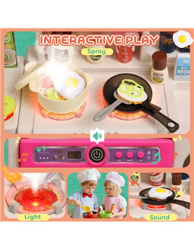 AIYAPLAY Pretend Play Kitchen Set with Realistic Lights & Sounds, 104PCS Toy Kitchen Accessories for Boys and Girls, Pink