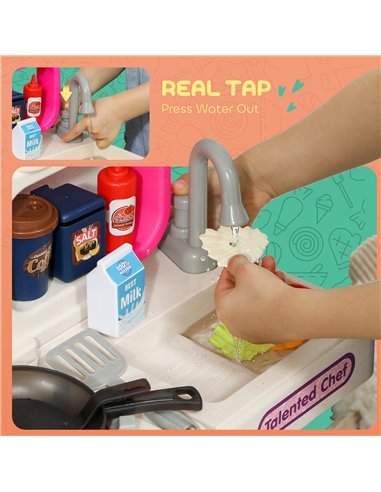 AIYAPLAY Pretend Play Kitchen Set with Realistic Lights & Sounds, 104PCS Toy Kitchen Accessories for Boys and Girls, Pink