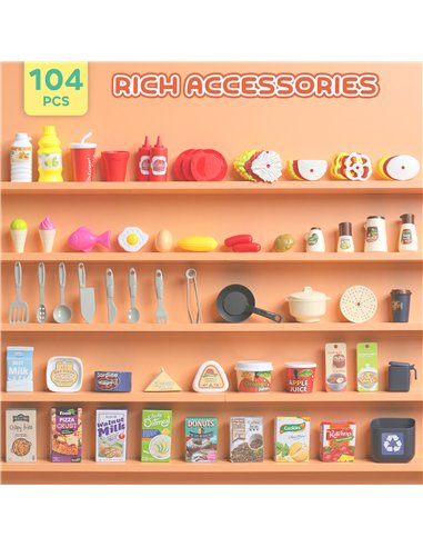 AIYAPLAY Pretend Play Kitchen Set with Realistic Lights & Sounds, 104PCS Toy Kitchen Accessories for Boys and Girls, Pink