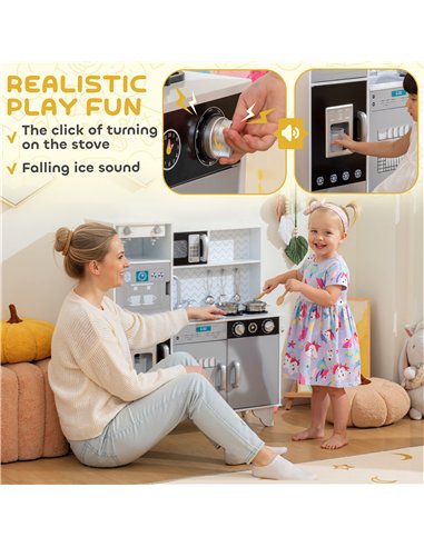 AIYAPLAY Kids Play Kitchen with Sound, Ice/Coffee Maker, Utensils, Microwave, Stainless Steel Utensils, for 3-6 Years