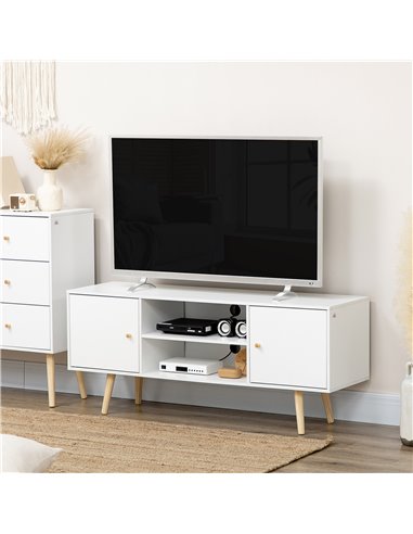 Homcom 1200mm TV Stand with Storage Shelves and Wood Legs, White