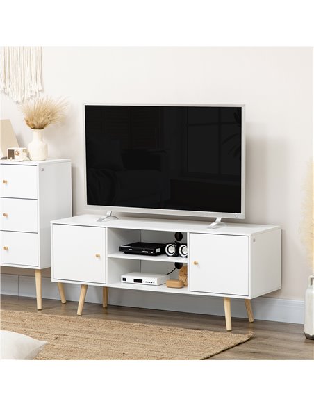 Homcom 1200mm TV Stand with Storage Shelves and Wood Legs, White - pic 17623 | FastDaddyshop