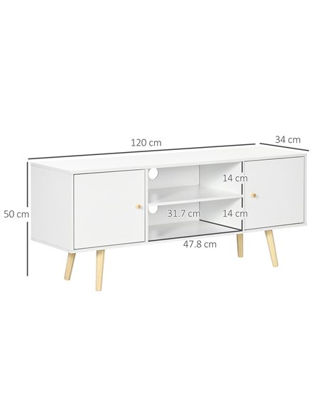 Homcom 1200mm TV Stand with Storage Shelves and Wood Legs, White - pic 17624 | FastDaddyshop