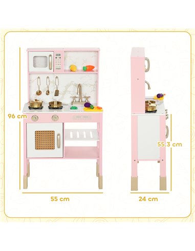 AIYAPLAY Kitchen Playset with Pretend Play Cooking Accessories, Play Kitchen with Oven, Microwave and Sink, Pink