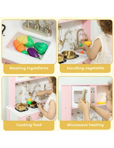 AIYAPLAY Kitchen Playset with Pretend Play Cooking Accessories, Play Kitchen with Oven, Microwave and Sink, Pink